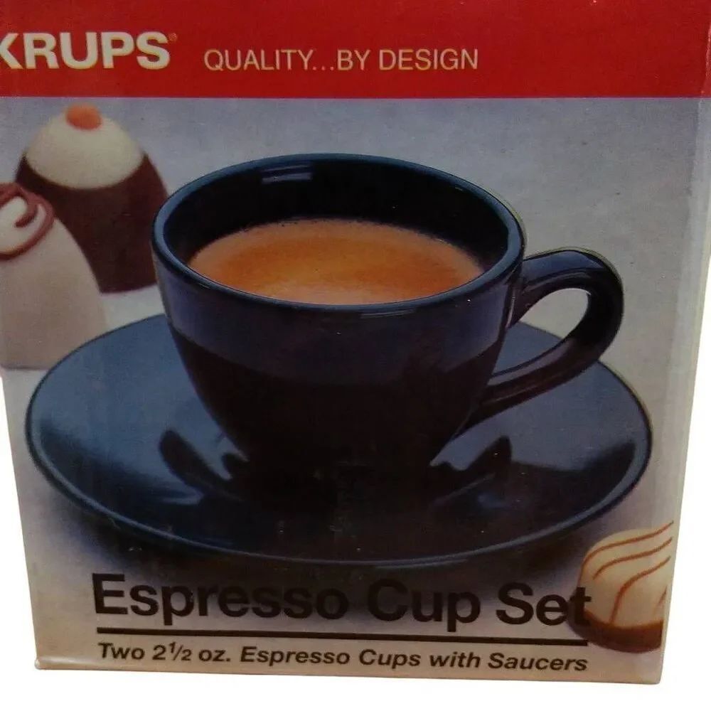 2 Krups Espresso Cup Sets, 4 2 1/2 Espresso Cups with Saucers, White Stoneware.